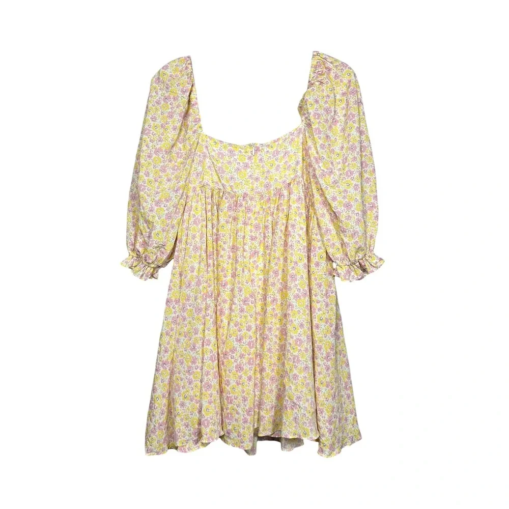 Storia Yellow Floral Puff Sleeve Babydoll Mini Dress M Square Neck Cottagecore - Picture 3 of 12